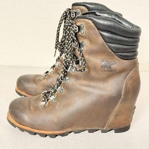 Sorel Joan of Arctic Wedge II Lace Boots Women's Brown US 9 Leather Hiking